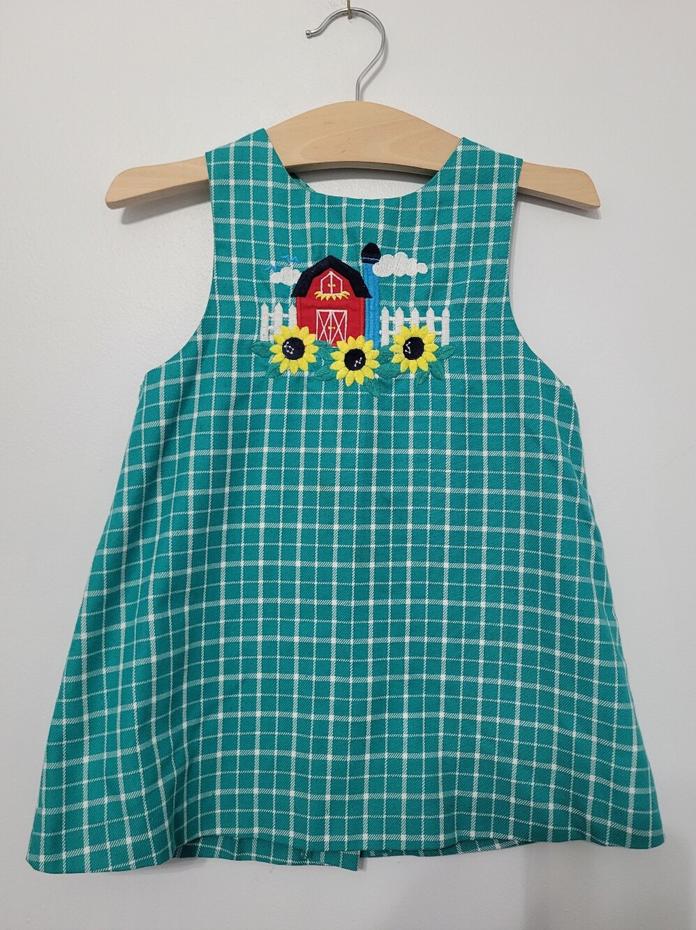 Girls Vintage Plaid Dress Jumper With Farm Sunflower Embroidery Teal Size 3T